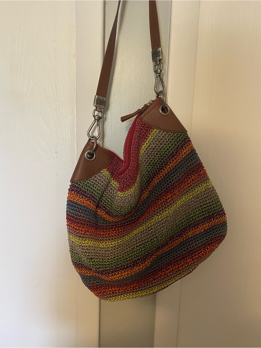 The Sak Multicolor Striped Crochet Shoulder Bag with Brown Trim